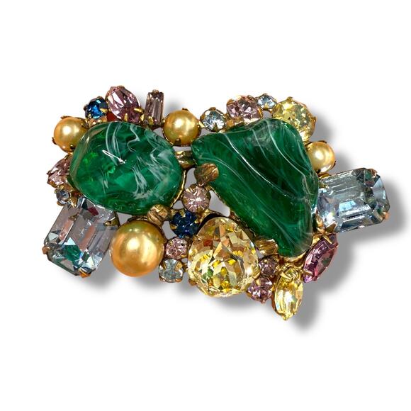 Vintage Rare Alice Caviness Brooch – Green Glass & Multicolor Rhinestones